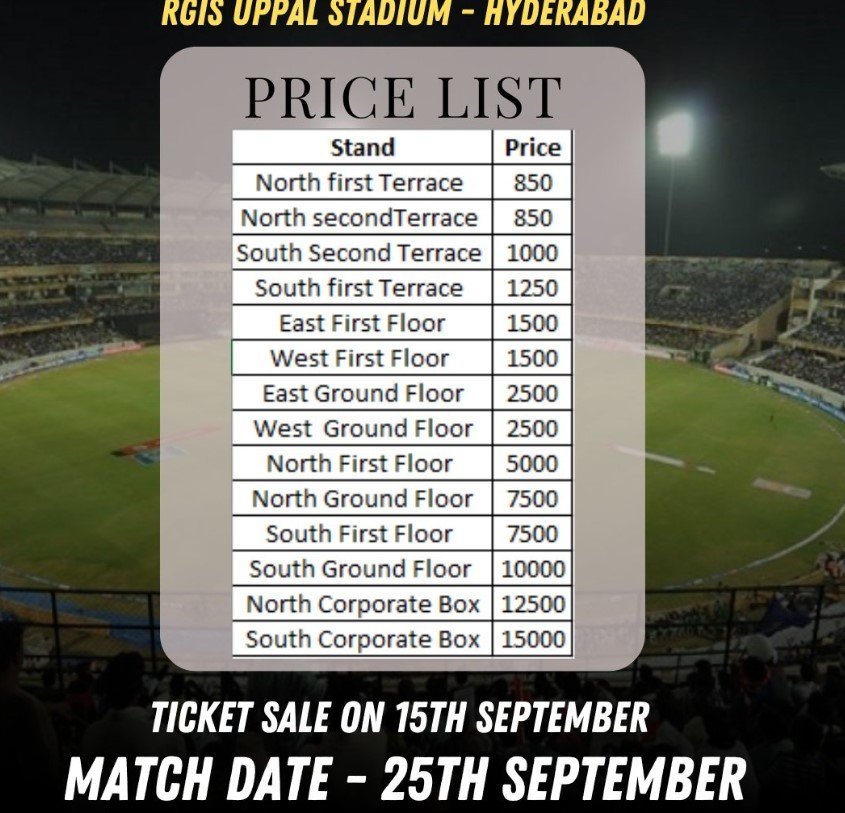 T20I match hyderbad price list